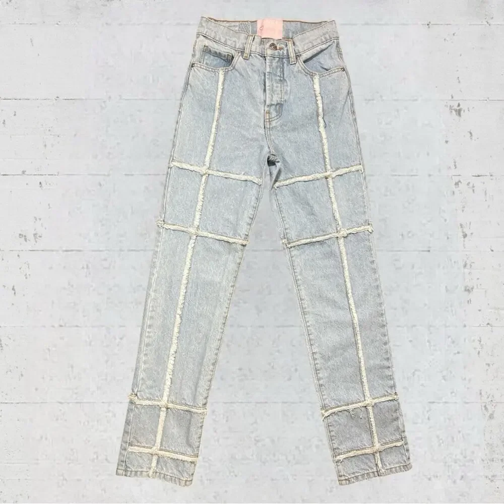 REVICE Ex-Boyfriend / 4Ever Patchwork Retro Grid Jeans Size 24 Edgy Frayed Denim
